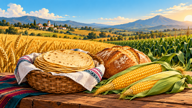 Ilustración de campos de trigo y maíz, con tortillas, pan y elotes en primer plano.