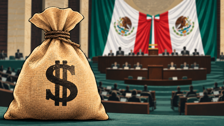 Ilustración editorial de un costal de dinero frente a la Cámara de Diputados y la bandera mexicana.
